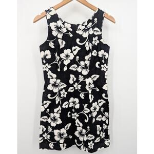 Ho Aloha Black & White Small Floral Sleeveless Shift Dress Resort Cotton Classic